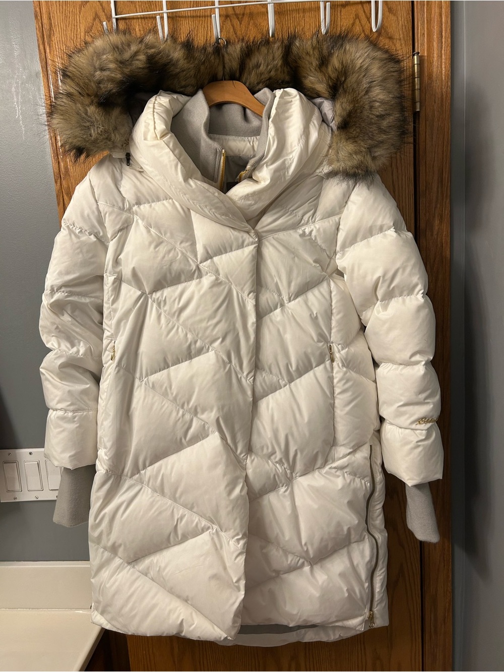 Eddie Bauer Cream Faux Fur Trim Down Puffer Coat